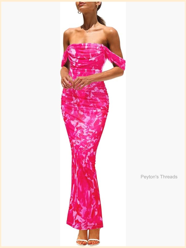 Off Shoulder Ruched Mesh Bodycon Mermaid Maxi Dress With Back Slit